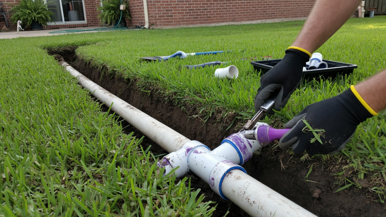 Spring sprinkler pipe repair in a lawn trench