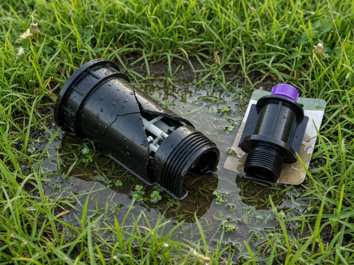 Technician replacing a lawn sprinkler head on a Spring lawn
